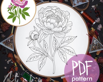 Peony Hand Embroidery Pattern, Botanical Floral Hoop Art (PDF Download)