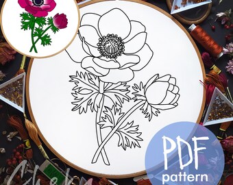Anemone, Summer flower hand embroidery pattern, Modern hoop art, PDF embroidery template