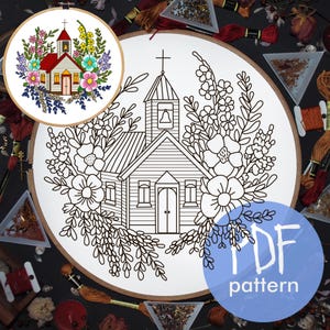 Church PDF template, Floral Embroidery Pattern, Christmas decor, Instant Download, Christian Hand Embroidery, Catholic embroidery craft