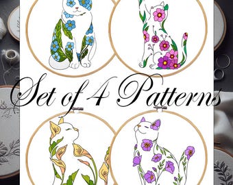 Cat Embroidery Pattern, Flower Cats, Set of 4 (PDF Pattern)