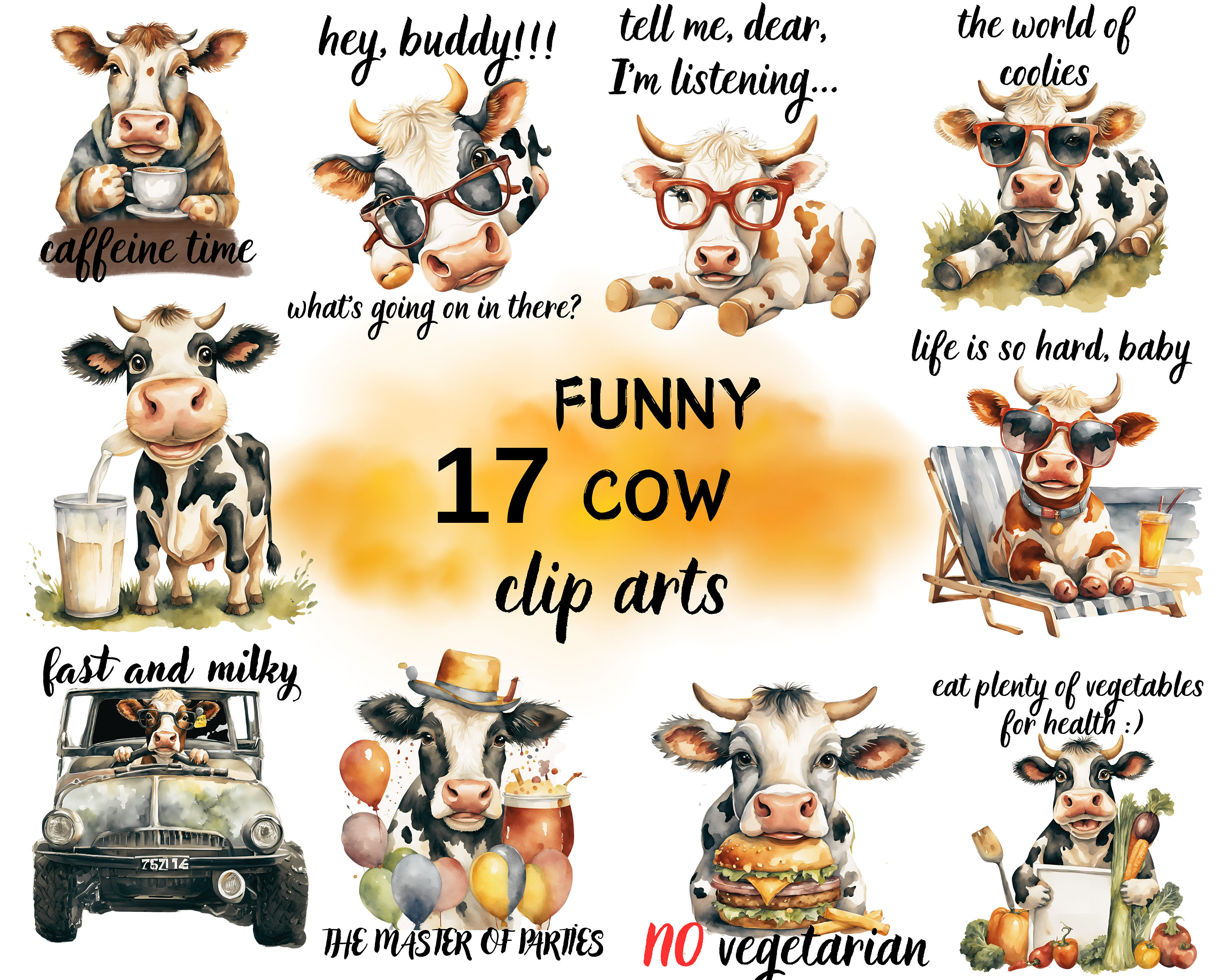 Funny and Ironic Cow Sublimation Bundle,Funny Cow Clip Arts,Digital Download,Cute Cow Designs,High Quality Watercolor Images