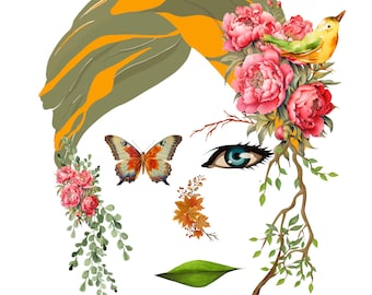 Watercolor Floral Woman,Women's Silhouette Created With Nature Elements,Digital Download,High Quality 300 DPI,Printable Product,