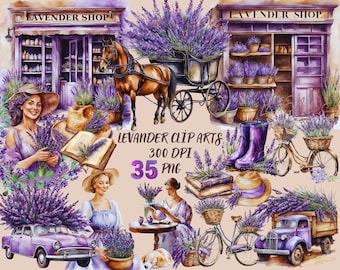 Watercolor Lavender Clip Arts,Digital Download,Printable Elements,Vintage Lavender Images,Potted Lavender,Lavender Items,High Quality 300DPI