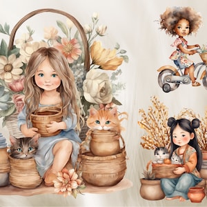Aquarela Boho Girl Clip Arts, Florais e Clip Arts para animais de estimação, Imagens fofas de Boho Girls, Download digital, Produtos para impressão de alta qualidade