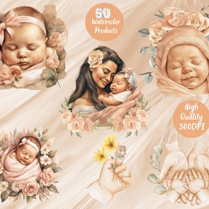Pacote aquarela bebê menina, elementos Boho Baby, download digital, itens para impressão, elementos fofos, clipart Boho, HQ, fundo transparente