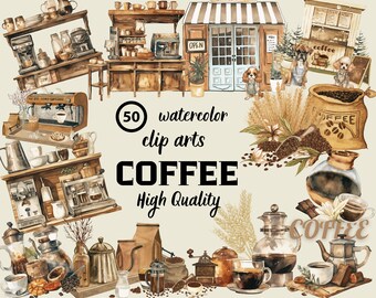 Coffee Cliparts,Watercolor Coffee Bundle,Coffee Lover,Boho Coffee Mug Clipart,Coffee Beans,Coffee Shop,Types of Coffee,Digital Download,PNG