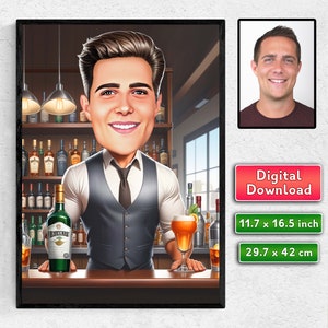 Custom Bartender Caricature, Custom Caricature for a Man, Digital Custom Caricature from Photo, Personalized Cartoon Drawing, Gift For Him