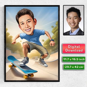 Custom Skater Caricature, Caricature for a Man, Personalised Skateboarder Cartoon Portrait, Custom Caricature from Photo, Gift For Him