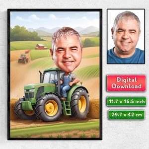 Ritratto di caricatura di contadino personalizzato, caricatura di contadino divertente, regalo di contadino, cartone animato di contadino, caricatura di contadino da foto, contadino con un trattore