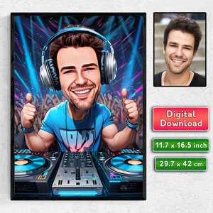 Kundenspezifische Karikatur von DJ vom Foto. Lustiges Cartoon DJ für ein Geschenk. Digitaler Download