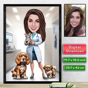 Custom Veterinarian Caricature, Caricature for a Woman, Personalised Vet Cartoon Portrait, Custom Caricature from Photo, Gift For Her