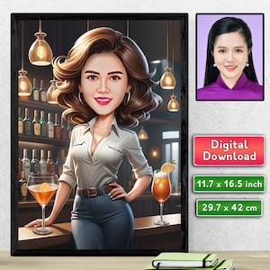 Custom Caricature Portrait of a Bartender from a Photo, Custom Caricature for a Woman, Digital Custom Cartoon from Photo, Gift For Her