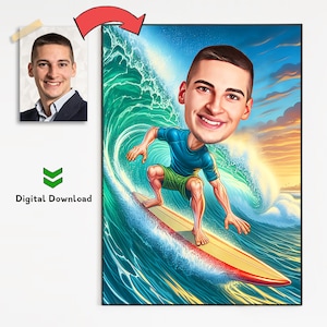 Retrato de caricatura de surfista personalizado, regalo divertido para surfistas, caricatura de surfista a partir de una foto, arte mural de surf, surfista y océano, caricatura digital