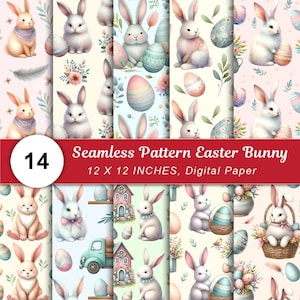 May include: A collection of 14 seamless digital paper designs featuring Easter bunnies, eggs, and floral elements. The designs are 12 x 12 inches in size, with a variety of pastel colors and patterns, perfect for crafting and scrapbooking projects.