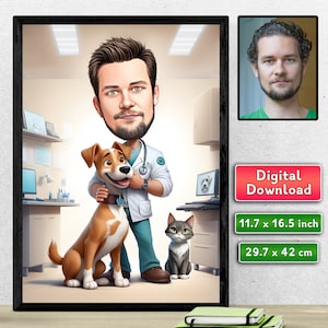 Custom Veterinarian Caricature, Caricature for a Man, Personalised Vet Cartoon Portrait, Custom Caricature from Photo, Gift For Him