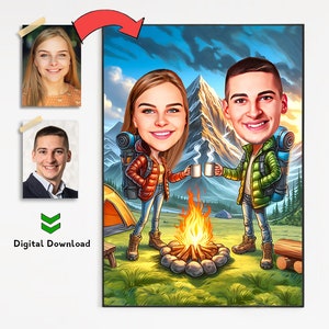 Caricatura di coppia escursionistica personalizzata, disegno di caricatura di viaggiatore personalizzato, cartone animato da foto, ritratto di caricatura personalizzata, cartone animato di famiglia