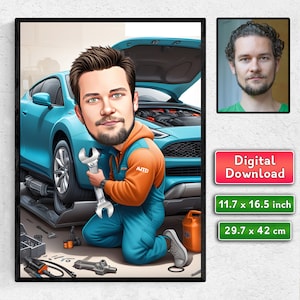 Personalized Caricature of a Male Mechanic, Custom Caricature Car Mechanic Portrait, Mechanic Digital Print, Automotive Gift, Gift for Him