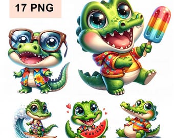 Funny Summer Crocodile Clipart Bundle, 17 Silly Gator PNG Transparent, Commercial Use