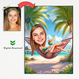 Cartoon of Woman on the Beach, Personalized Vacation Girl Caricature, Custom Holiday Cartoon, Vacation Caricature, Beach Theme Cartoon