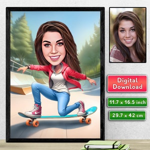 Caricatura personalizada de skatista, caricatura para mulher, retrato personalizado de skatista, caricatura personalizada a partir de foto, presente para ela