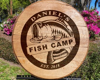 Engraved Bourbon Barrel Head for Fish Camp or Man Cave