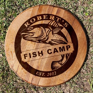 Engraved Bourbon Barrel Head for Fish Camp or Man Cave with Redfish