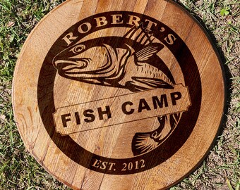 Engraved Bourbon Barrel Head for Fish Camp or Man Cave with Redfish