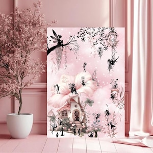 Póster de flores de casa de hadas, ilustración de fantasía rosa, arte de pared bohemio, decoración de dormitorio infantil, cuento de hadas poético.