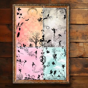 Fairy seasons poster, black fairies, enchanted garden, pastel wall art, magical illustration, whimsical decor, poetic ambiance.