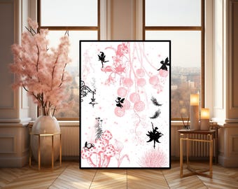 Fairy dance in the pink glade, black silhouette fairies, magical mushrooms, enchanted flowers, cottagecore fantasy wall art.