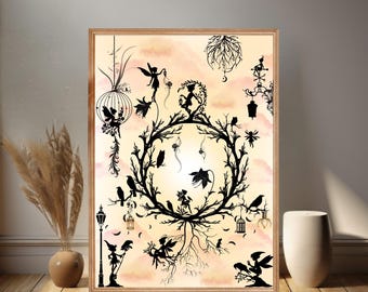 Fairy wall art orange, magical sun illustration, boho spiritual decor, nature fantasy poster, witchy room gift, esoteric artwork.