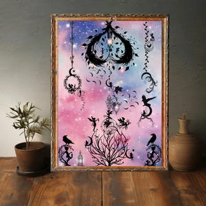 Lila Mondfeen-Poster, zauberhafte Sternennacht-Illustration, pastellfarbenes Wanddekor, wohltuende Fantasy-Kunst, verträumtes Geschenk, himmlisches Ambiente.