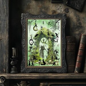 Fairy Arch Wall Art, Green Fantasy Poster with Tree Fox, Mushrooms and Magical Silhouettes, Cottagecore Fairycore Print.