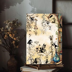 May include: A whimsical illustration of fairies and butterflies in a forest setting. The fairies are depicted in silhouette, with delicate wings and flowing gowns. The background features a variety of trees, flowers, and a mushroom. The image is rendered in a soft, muted color palette, with hints of gold and brown.