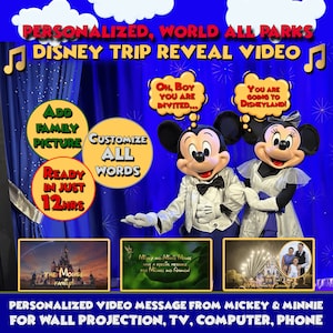 Vidéo personnalisée de révélation du voyage DisneyWorld DISNEYWORLD Message Mickey et Minnie pour les enfants dans des mondes magiques Faire-part de voyage image 1