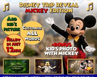 ÉDITION MICKEY*** Vidéo personnalisée de présentation du voyage dans les parcs Disney - Message Mickey pour les enfants dans des mondes magiques - Faire-part de voyage