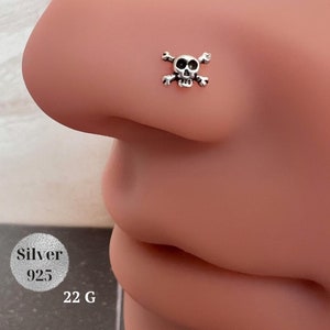 Skull Nose Stud, Gothic Mini Skull, Sterling Silver 925 Nose Studs, Nose Screw, Halloween Jewelry, Punk Tattoos Piercing, Skeleton Goth ring