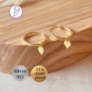 Golden Heart Silver 925 Hoops with Hanging Charm Heart, Gold Heart earrings, Love jewelry gift, Heart Shaped Pendant Huggie Hoop Earrings