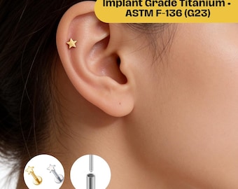 16G Tiny Star Threadless Titanium Flat Back Earring, Push Pin 6mm, 8mm Labret Stud, Cartilage, Helix, Tragus, Conch, Medusa Piercing Jewelry