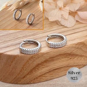 925 Silver Pave CZ Huggie Hoop Earrings, 9 mm Small Hoops, Dainty Minimalist Zirconia Paved Hoops Sparkly Cartilage Helix Hoops Gift for Her