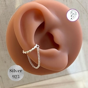 Orecchino a polsino a conchiglia con catena in argento 925, senza piercing, a clip, con polsino a conchiglia, polsino minimalista per cartilagine con catena pendente