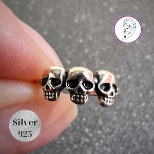 Silver 925 Skull Ear Cuff Earring, Conch silver jewelry, Gothic Skeleton helix fake piercing, Goth grungy jewellery gift, Biker skull cuff
