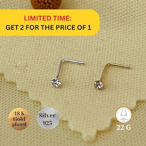 Teeny kleine sterlingzilveren neus L-vorm, 2 mm kristal L-vormig 22G, mini micro neuspiercing gouden bodysieraden, kraakbeen, gouden neusgatstekker