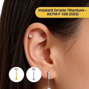 16G titanium schroefdraadloze 3 mm CZ platte achterkant G23 labret implantaatkwaliteit 6 mm/8 mm staafkraakbeen, helix, tragus, schelp, monroe push pin piercing