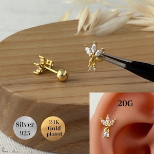 20G Silver Lilia Crystal Teardrop Screw Back Earrings Cartilage Helix Tragus Dangle Barbell Stud, Dainty Gold Flower cz Drop Ball Back Studs