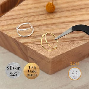 Anello doppio per il naso in argento sterling 22 G, cerchio per cartilagine in oro da 8 mm, delicato gioiello per piercing al naso, anello per il naso Duo singolo forato, anello per il naso aperto