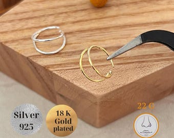 22 G Sterling Silber Doppel Nasenring, Gold 8 mm Knorpel Hoop, zierliche Nase Piercing Schmuck, Duo Nasenring Single Piercing, offener Nasenring