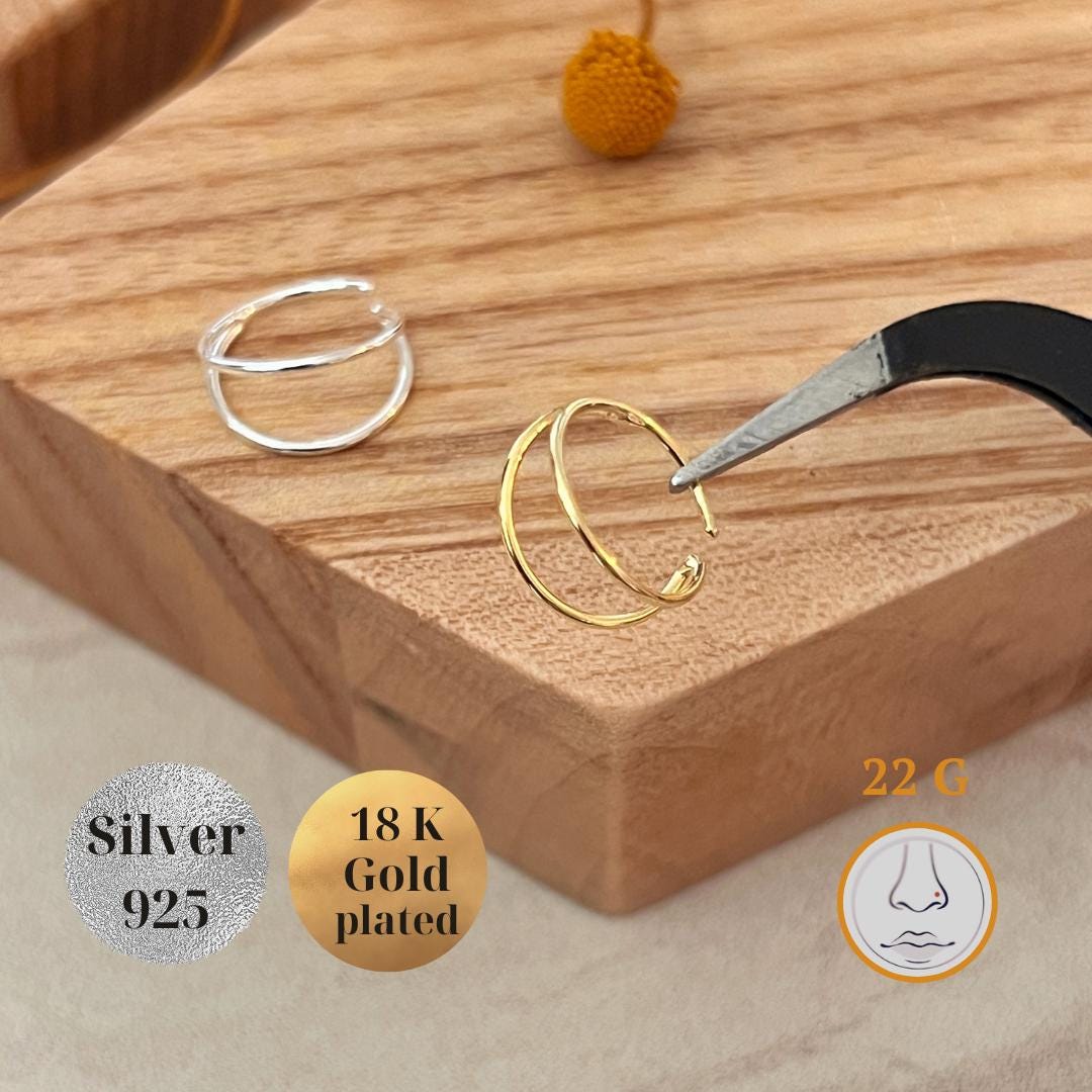 22 G Sterling Silver Double Nose Ring, Gold 8 mm Cartilage Hoop, Dainty Nose Piercing Jewelry, Duo Nose Ring Single Pierced, Open Nose Ring