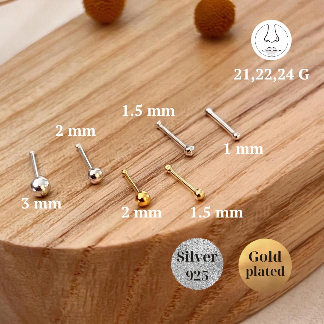 Sterling Silver ball nose stud, Ball gold nose  plug piercing, Silver Ball Nose Bones, Tiny Nose Studs 1 mm 1.5 mm 2mm 3mm Pin nostril Bone