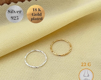 925 Sterling Silver 22G Twist Nose Ring| Diamond Cut Gold-Plated Twisted Nose Hoop| 8mm 10mm Thin Helix Cartilage Piercing| Single, Set of 2